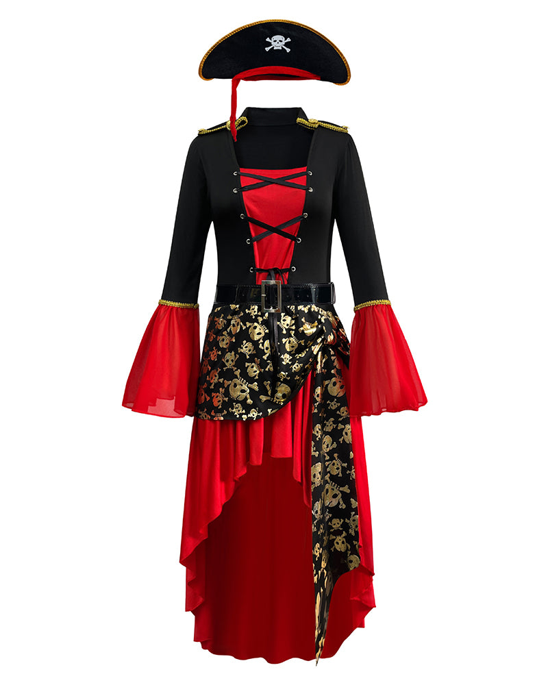 Pirate dress back view with black top and red lace-up panels, gold waist print, and red skirt