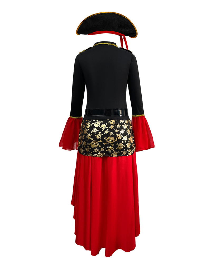 Pirate dress back view with black sleeves, gold waist print, red layered skirt, and tricorn hat