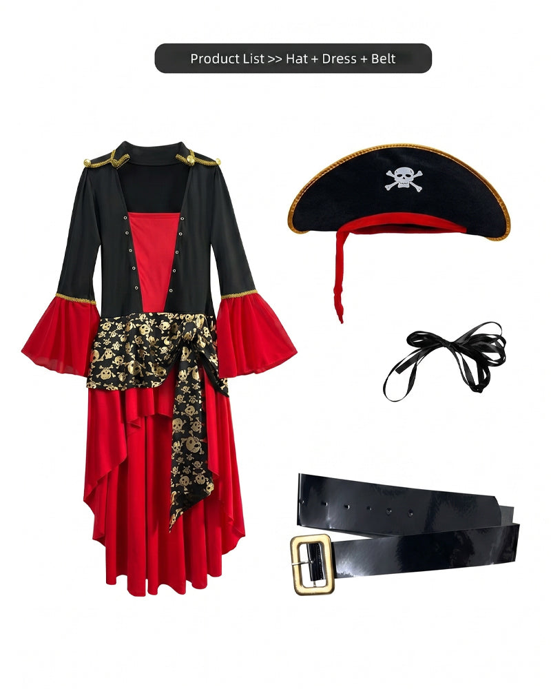Pirate costume set: black-and-red lace-up dress, tricorn hat, and adjustable belt