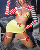 Cosplay lingerie set with red bows, yellow mini skirt, red-and-white striped sleeves, fishnet stockings