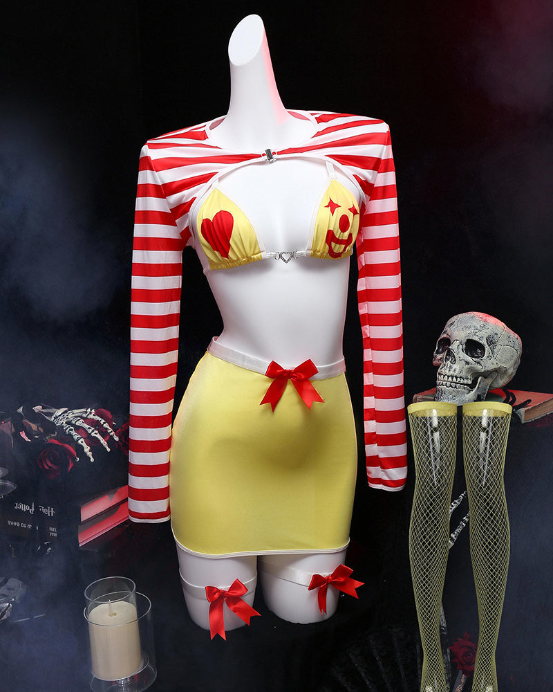 Mannequin wearing cosplay lingerie set: red-and-white striped long sleeves, yellow mini dress, stockings