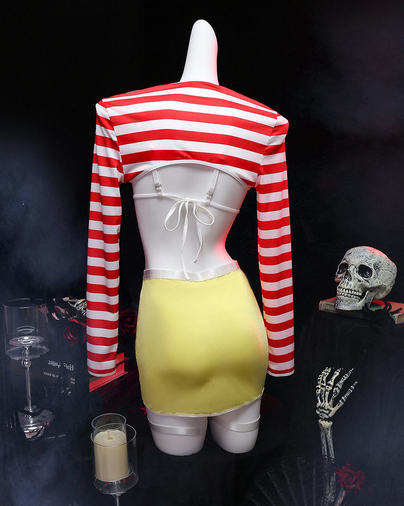 Back view cosplay lingerie set on mannequin: red-and-white striped top, yellow mini skirt, garter garb