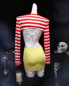 Back view cosplay lingerie set on mannequin: red-and-white striped top, yellow mini skirt, garter garb
