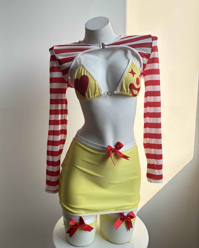Cosplay lingerie set on mannequin: red-and-white striped sleeves, yellow mini skirt, red bow accents
