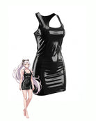 Black patent racerback mini dress, scoop neck sleeveless, fitted PVC finish