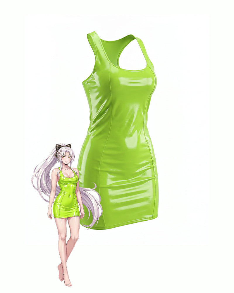 Neon green patent racerback mini dress, scoop neck sleeveless, fitted PVC finish
