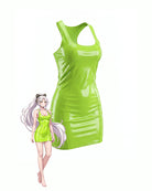 Neon green patent racerback mini dress, scoop neck sleeveless, fitted PVC finish