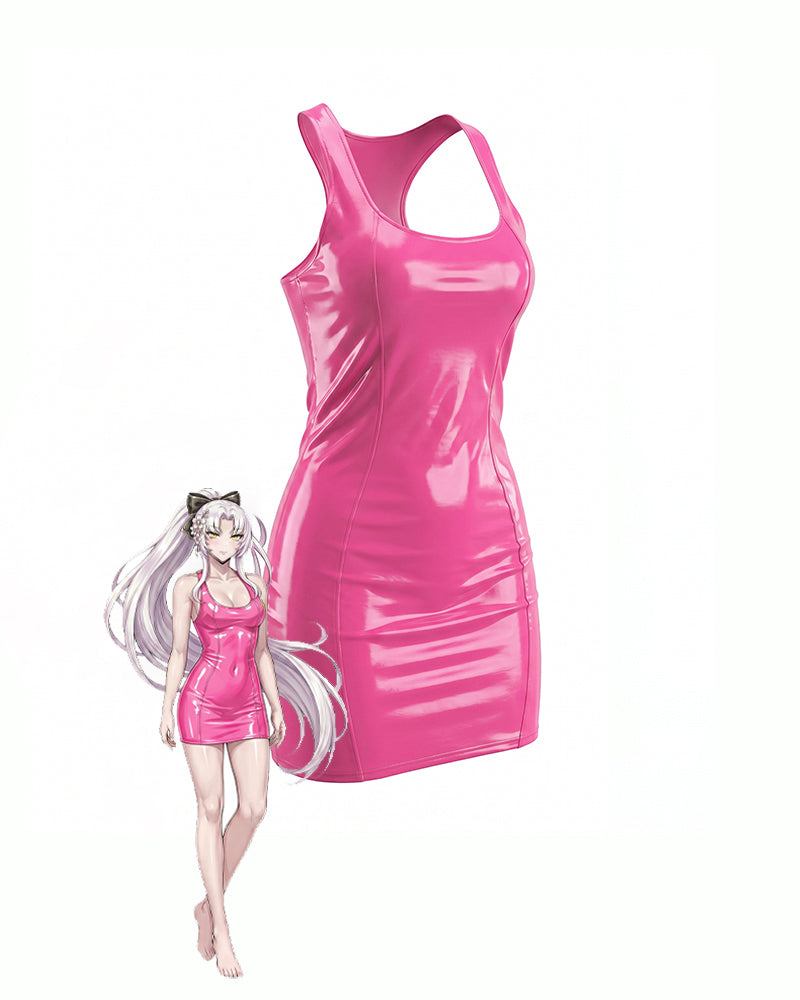 Pink patent racerback mini dress, scoop neck sleeveless, fitted PVC finish