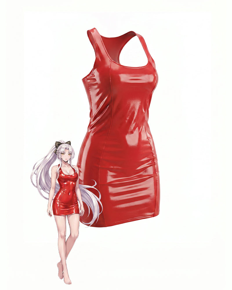 Red patent racerback mini dress, scoop neck sleeveless, fitted PVC finish