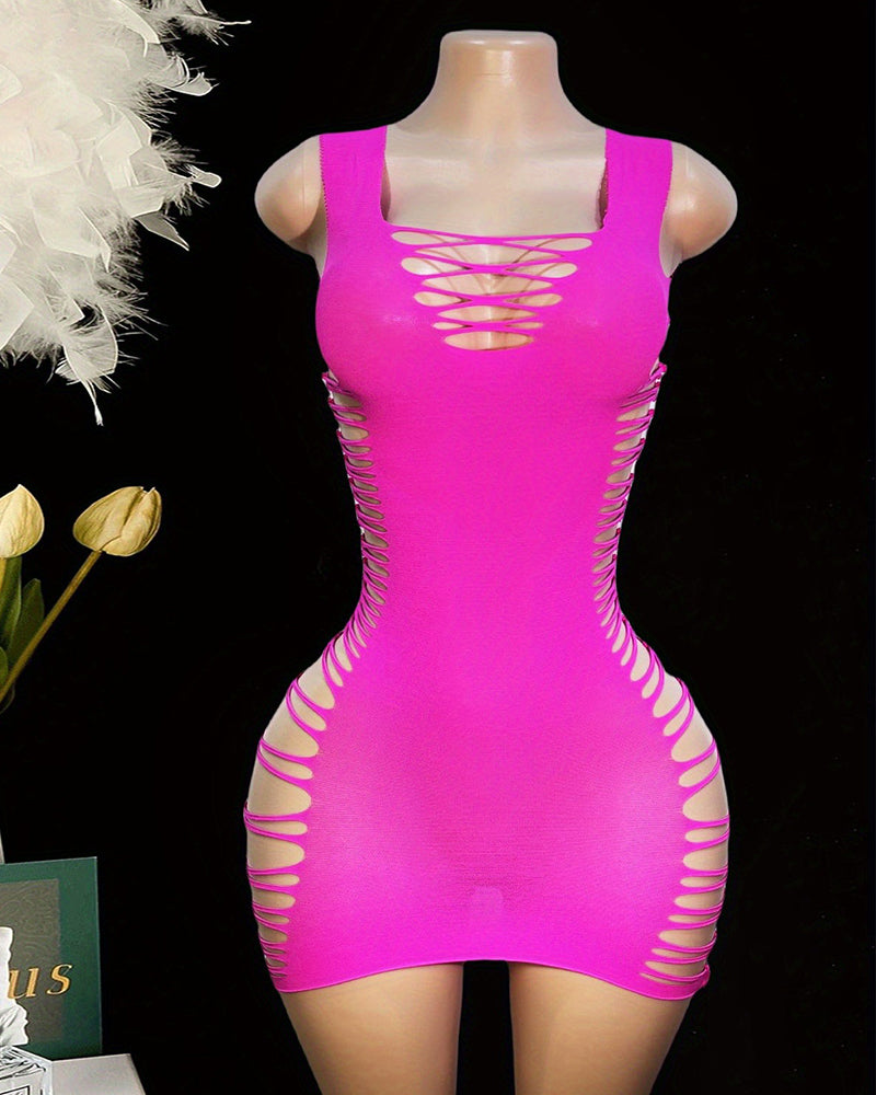 Bright pink bodycon mini dress with lace-up cutouts and side slit detail