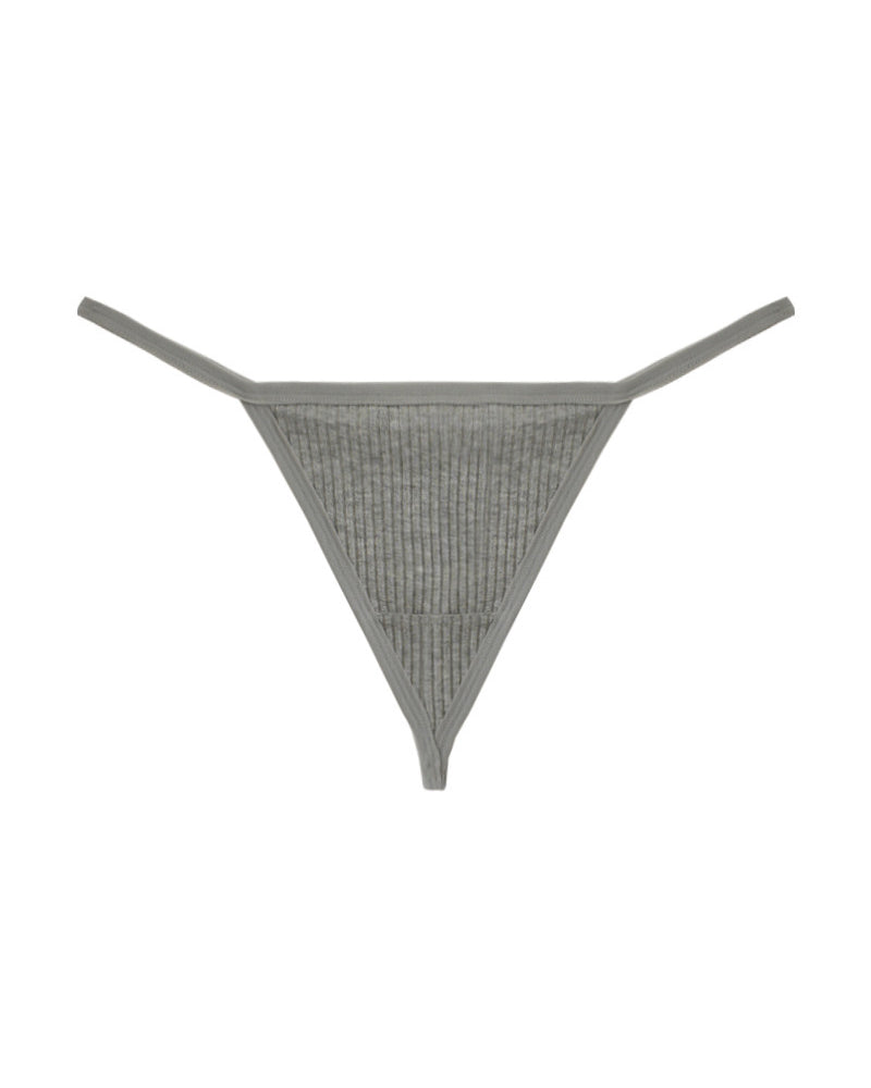 Gray ribbed micro string thong with narrow waistband and triangular back