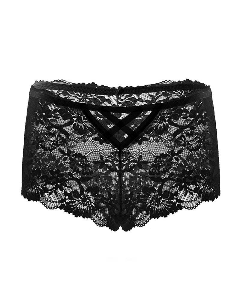 Black lace cheeky panties with crisscross front straps and scalloped edge