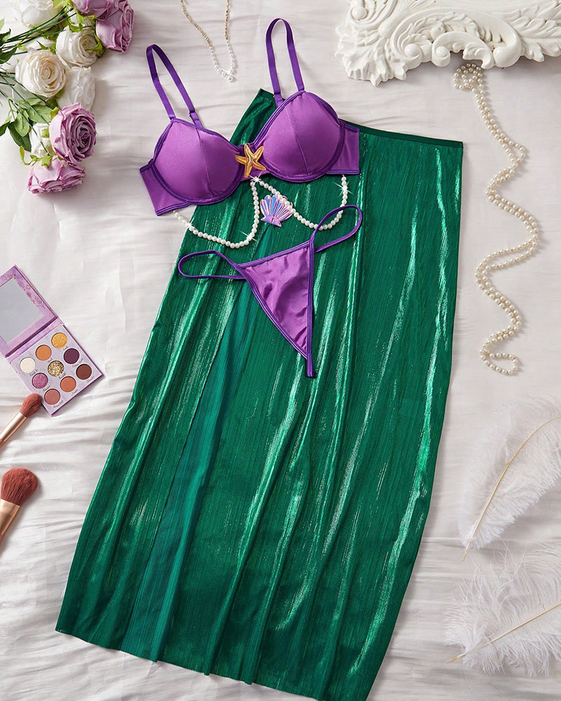 Violet bra and teal satin mermaid skirt lingerie set with star accents and bow details