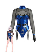 Blue metallic mesh long-sleeve bodysuit with black sheer sleeves, garter straps, handcuffs