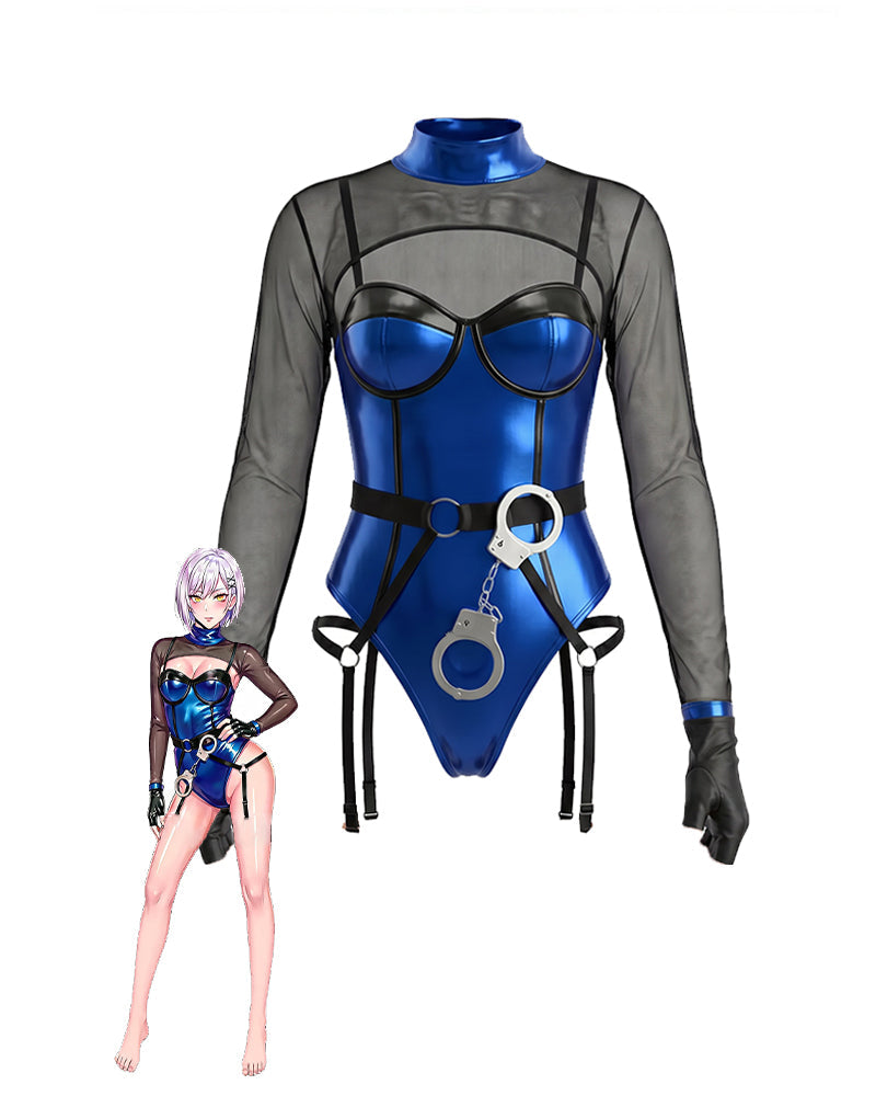 Blue metallic mesh long-sleeve bodysuit with black sheer sleeves, garter straps, handcuffs