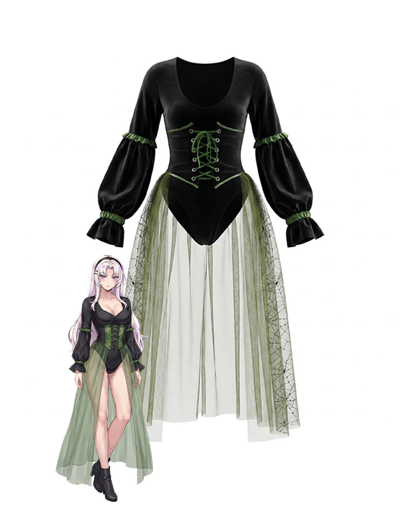 Black velvet lace-up corset bodysuit with long sleeves and green-trim tulle skirt
