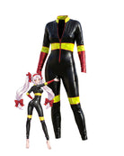 Black full-length PVC racing catsuit with yellow trim and red sleeve panels, front zipper