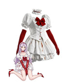 Lolita puff-sleeve top and ruffle skirt set in white with red bow, buttons, and splatter stains