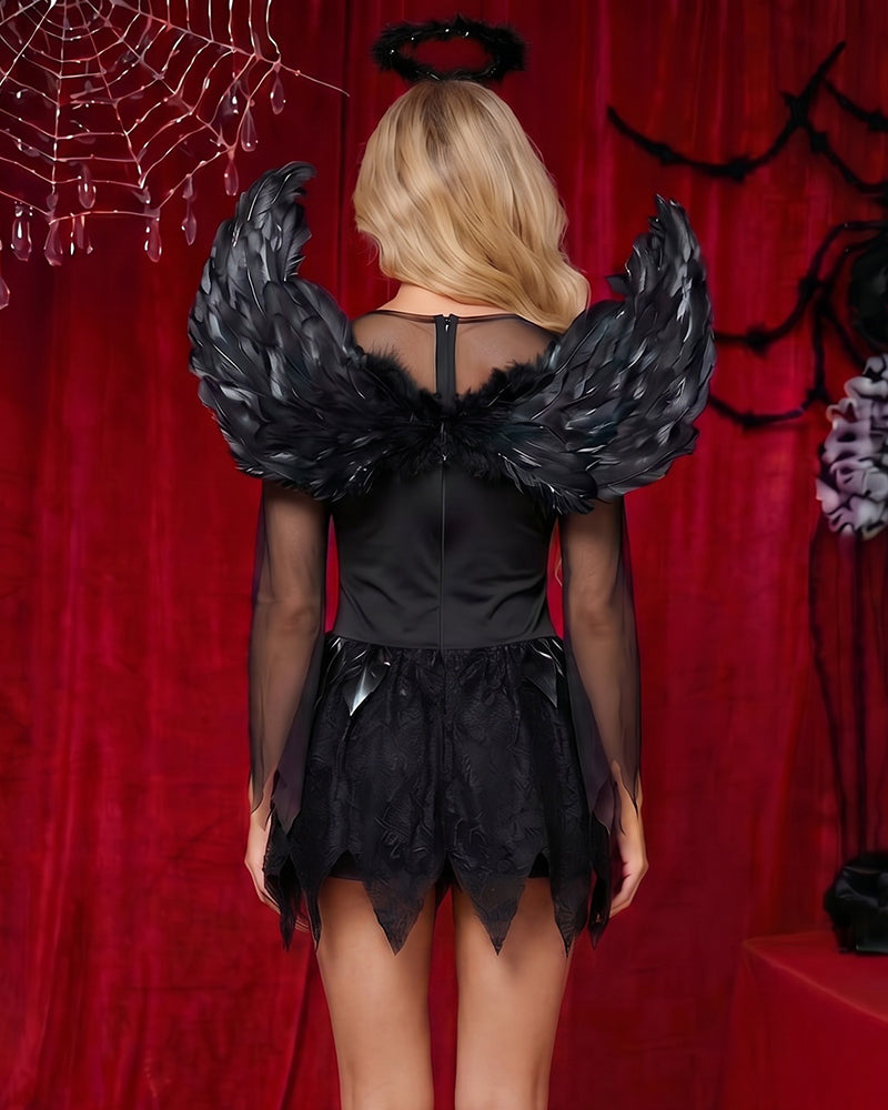 Black feather-wing mini dress set with open-back styling and layered feathered skirt