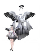 Silver feather-wing mini dress set with corset lacing bodice and tiered skirt