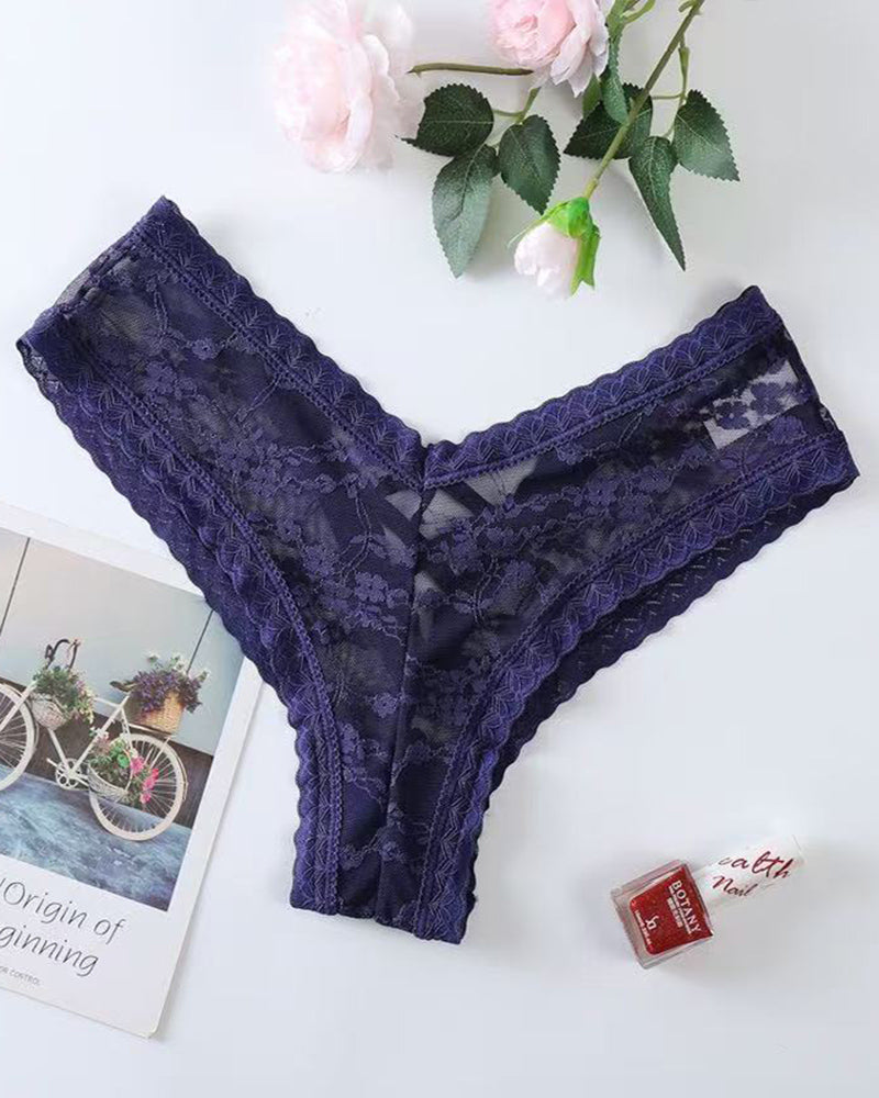 Blue lace mesh low-rise thong panties, flat lay with scalloped lace edges