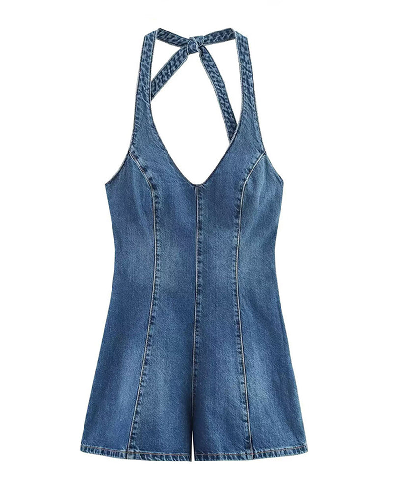 Blue denim halter romper bodysuit with crisscross back strap bow