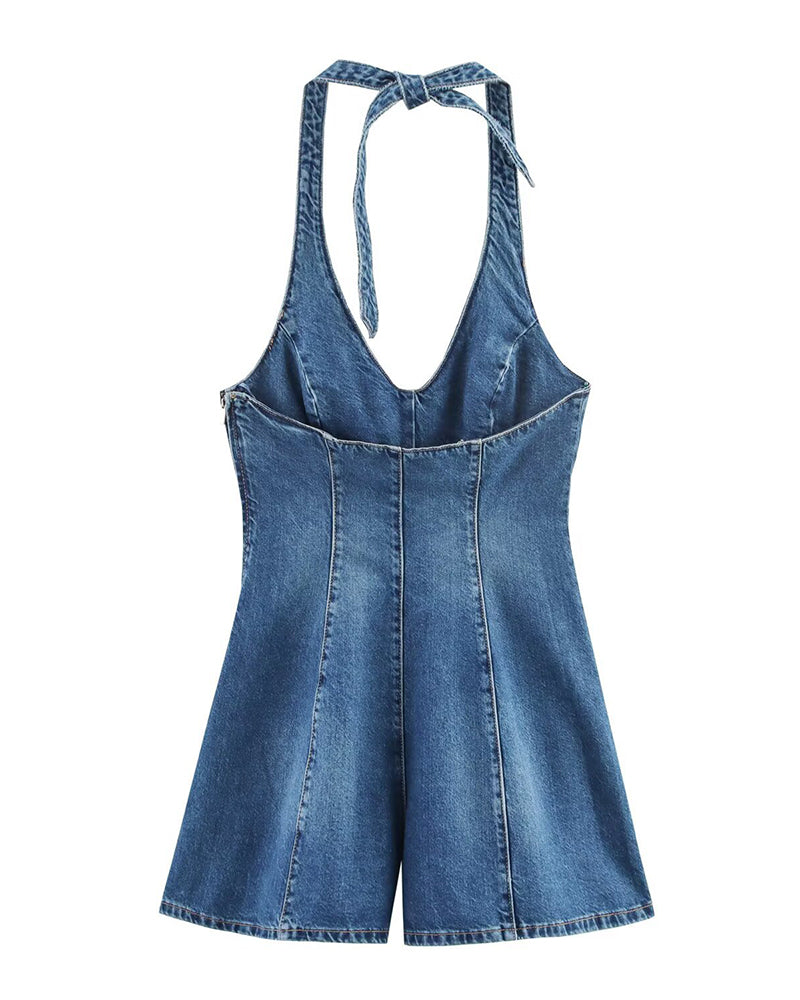 Blue denim halter romper bodysuit with open back cutout and neck bow tie
