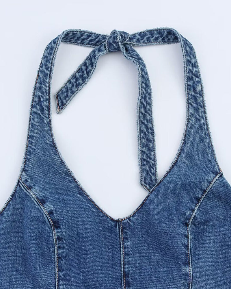 Blue denim halter romper neckline with tie straps and open back panel