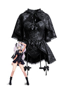 Black gothic corset dress with lace panels, corset lacing, and matching cape