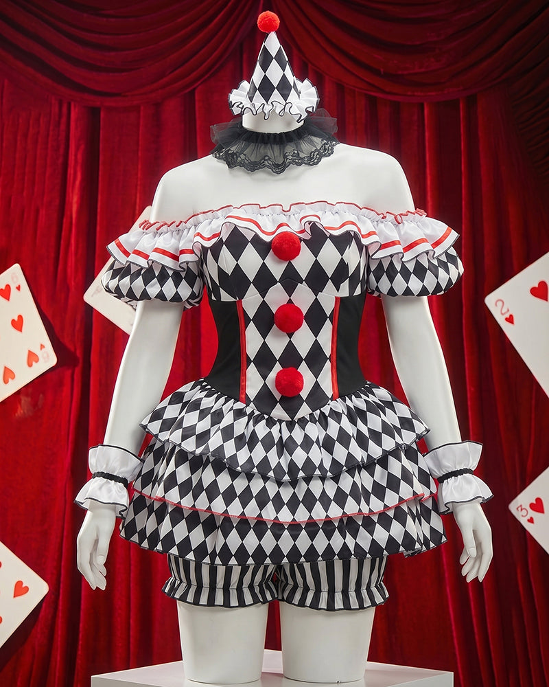 Jester cosplay costume set on mannequin with off-shoulder diamond dress and jester hat