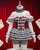 Jester cosplay costume set on mannequin with off-shoulder diamond dress and jester hat