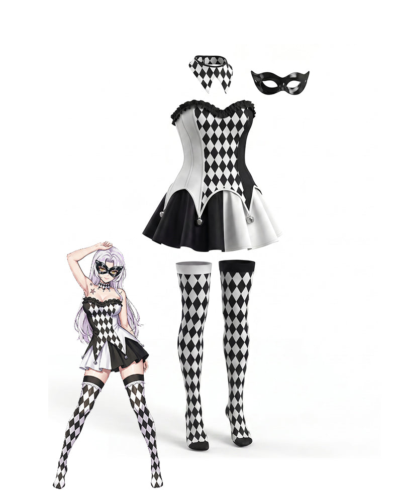 Harlequin check cosplay dress set with thigh-high stockings, choker, and eye mask