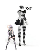 Harlequin check cosplay dress set with thigh-high stockings, choker, and eye mask
