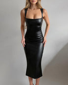 Black faux leather sleeveless bodycon midi dress with square neckline, midi length