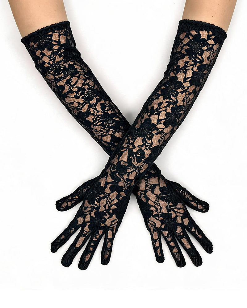 Elbow-length lace gloves in black, floral openwork with fingered cuffs