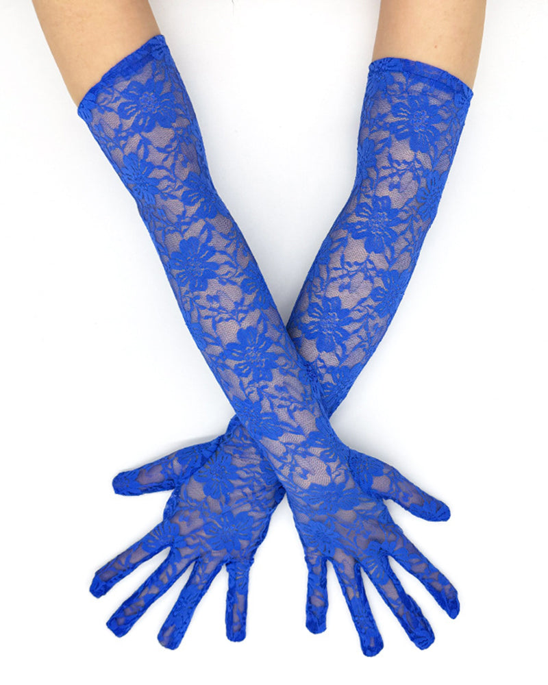 Elbow-length lace gloves in blue, floral lace openwork with fingered cuffs