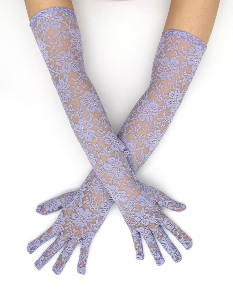 Elbow-length lace gloves in lavender purple, floral lace with fingered cuffs