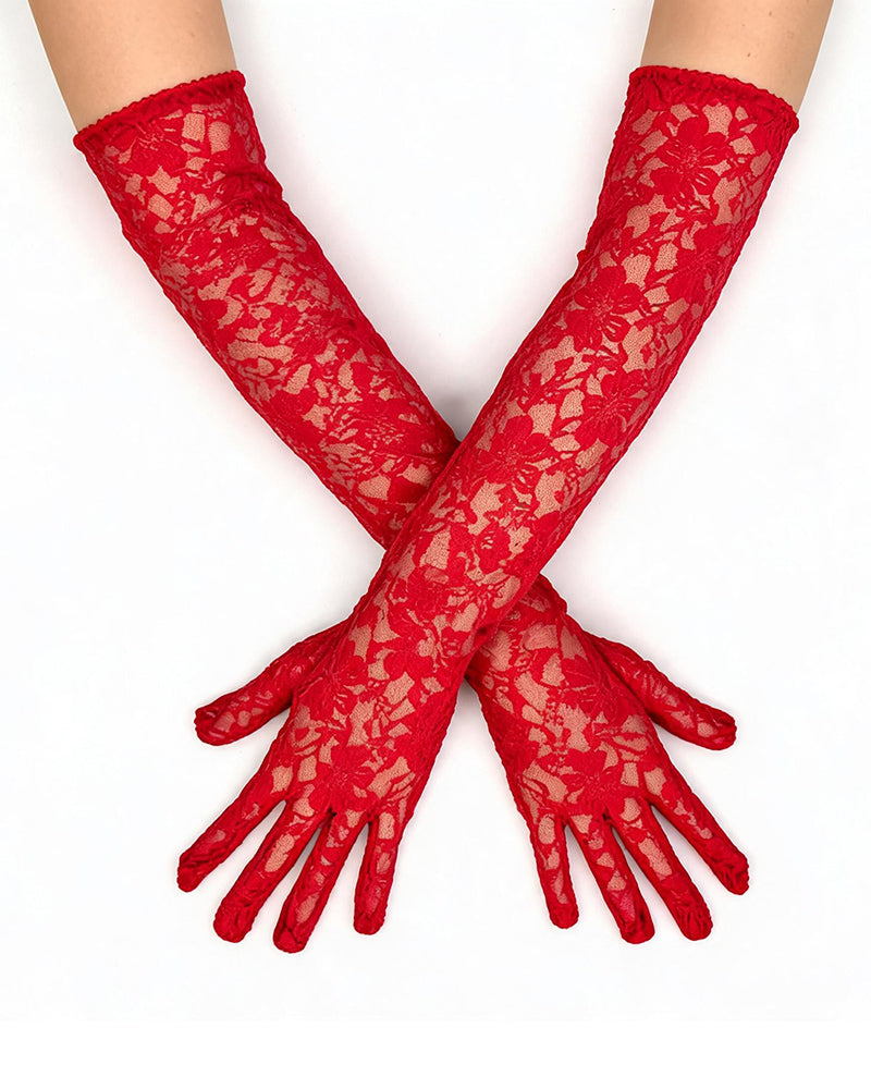 Elbow-length lace gloves in red, floral lace openwork with fingered cuffs