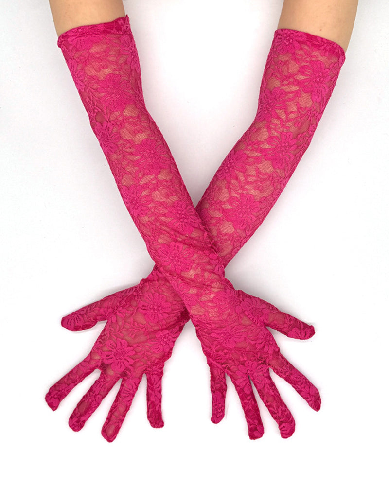 Elbow-length lace gloves in rose red, floral lace openwork with fingered cuffs