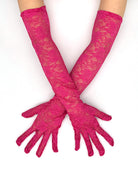 Elbow-length lace gloves in rose red, floral lace openwork with fingered cuffs