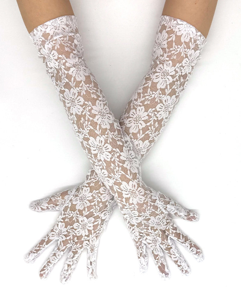 Elbow-length lace gloves in white, floral lace pattern with fingered cuffs