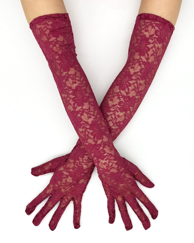 Elbow-length lace gloves in wine red, floral lace openwork with fingered cuffs