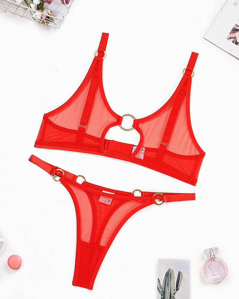 Red sheer mesh lingerie set, bra and panty with O-ring centerpiece and cutout straps