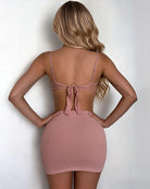 Blush back view bra lingerie set with center bow tie and adjustable straps