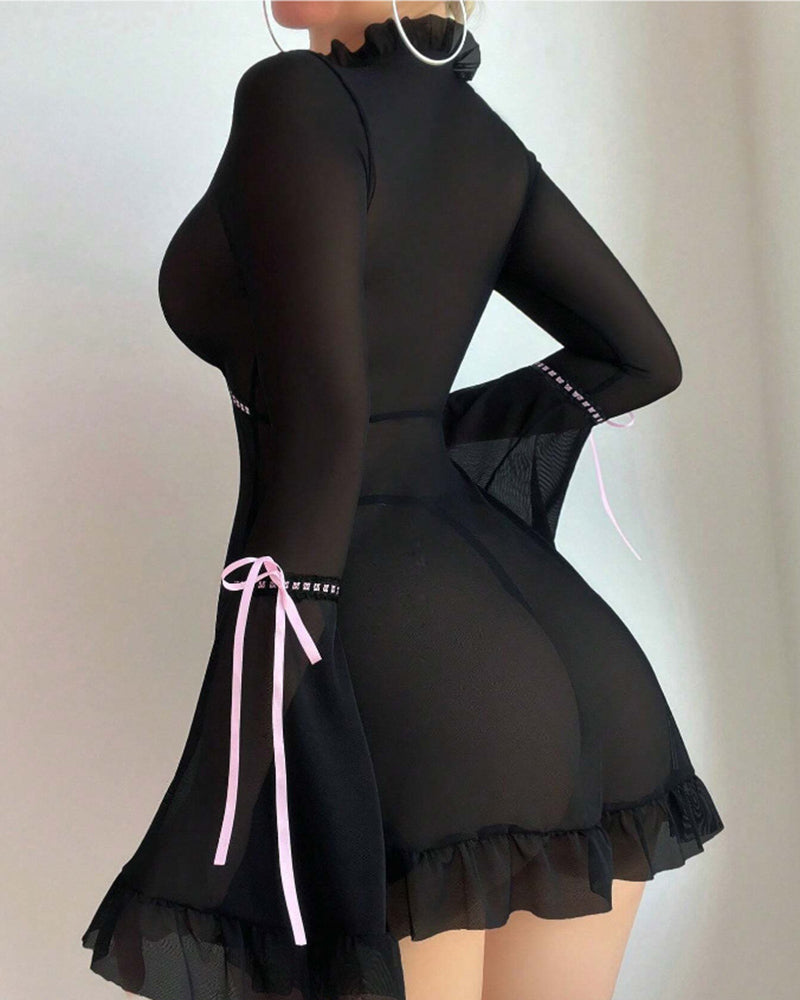 Black sheer mesh chemise with long sleeves, side waist bow ties, and ruffled hem
