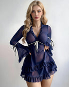 Dark blue sheer mesh chemise babydoll lingerie with ruffled tiers and long sleeves