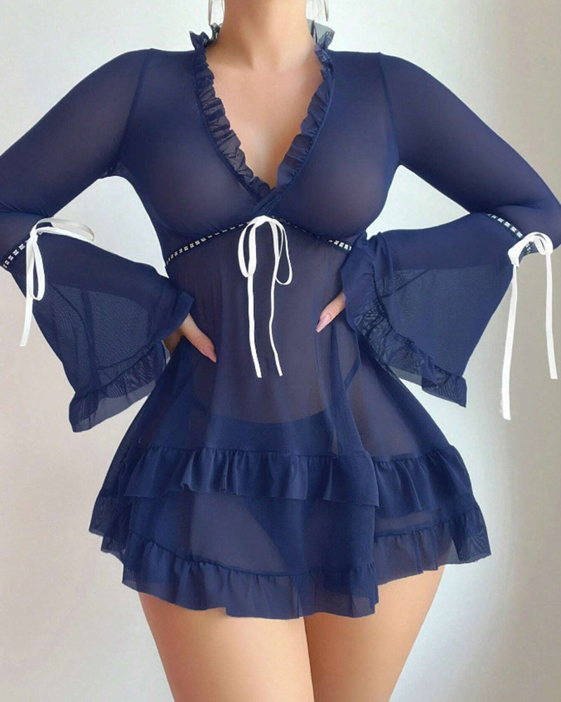Dark blue sheer mesh babydoll chemise with ruffled neckline and long bell sleeves
