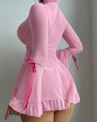 Pink sheer mesh long-sleeve babydoll chemise with tiered ruffle skirt and ribbon ties