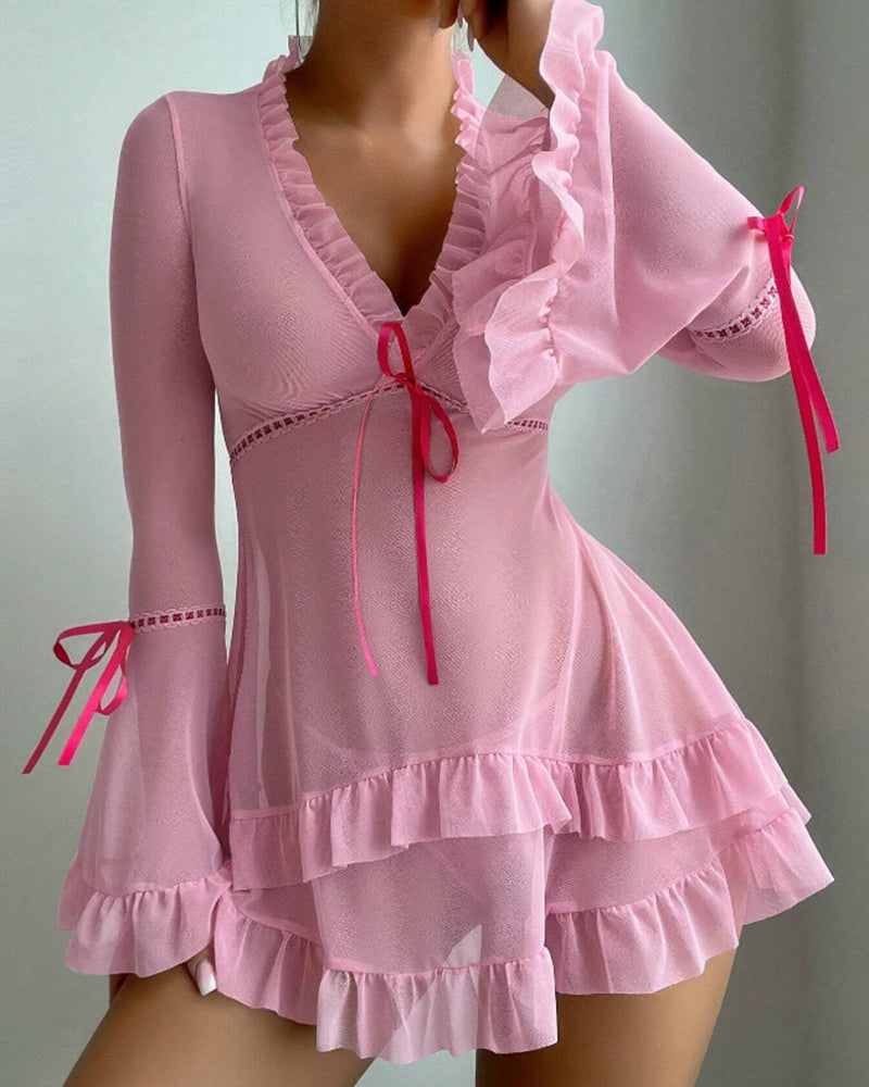 Pink sheer mesh chemise with long sleeves, ruffle neckline, and layered tiered skirt