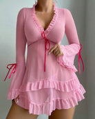 Pink sheer mesh babydoll chemise with ruffled neckline, tiered skirt, and ribbon lacing